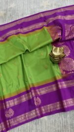 lime green semi gadwal saree with purple zari border and traditional weaving