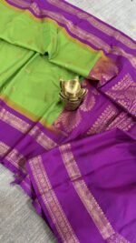 lime green semi gadwal saree with purple zari border and traditional weaving