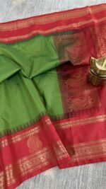 green semi gadwal saree with red contrast zari border and rich pallu