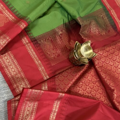 lime green semi gadwal saree with red contrast zari border and traditional weaving