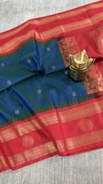 teal blue semi gadwal saree with rust orange zari border and traditional weaving