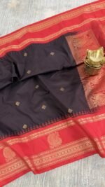 black semi gadwal saree with red contrast zari border and traditional weaving