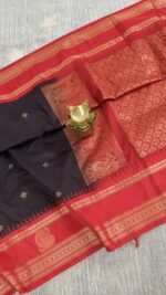 black semi gadwal saree with red contrast zari border and traditional weaving