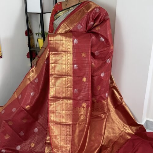 deep maroon vintage kanchi pattu saree with gold zari weaving and elephant border
