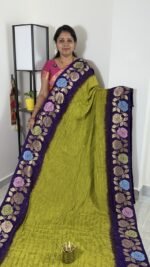 olive green purple jamdani bandhini saree with floral border