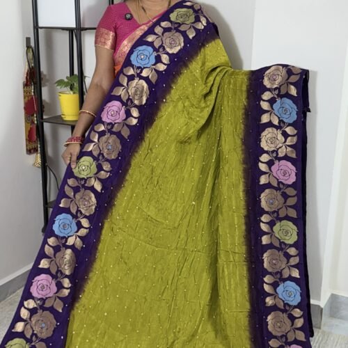 olive green purple jamdani bandhini saree with floral border