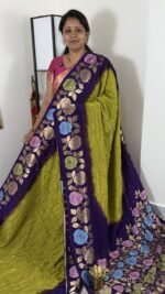 olive green purple jamdani bandhini saree with floral border