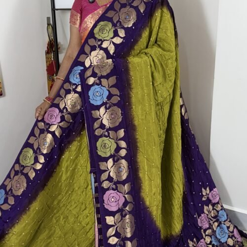 olive green purple jamdani bandhini saree with floral border