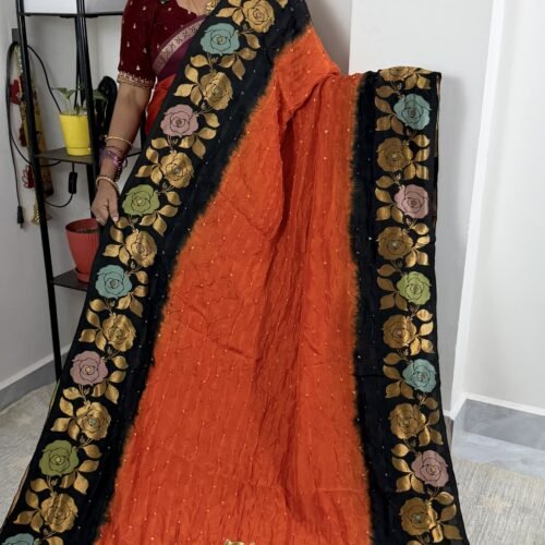 rust orange black jamdani bandhini saree with floral border