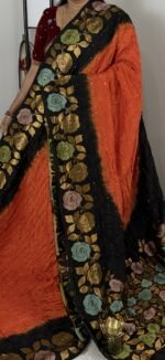 rust orange black jamdani bandhini saree with floral border