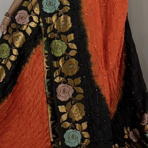 rust orange black jamdani bandhini saree with floral border