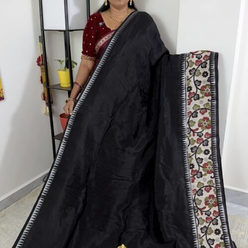 black mangalagiri handloom saree with kalamkari border and traditional artistic pallu