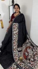 black mangalagiri handloom saree with kalamkari border and traditional artistic pallu