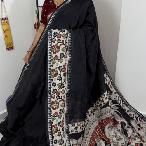 black mangalagiri handloom saree with kalamkari border and traditional artistic pallu