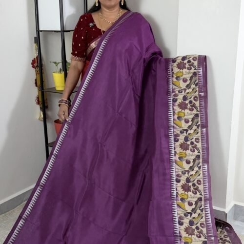 purple mangalagiri handloom saree with kalamkari border and traditional printed pallu