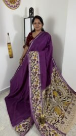 purple mangalagiri handloom saree with kalamkari border and traditional printed pallu