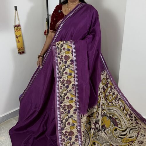 purple mangalagiri handloom saree with kalamkari border and traditional printed pallu