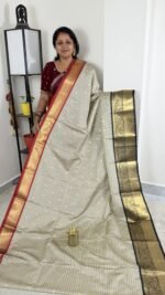 ivory soft silk ganga jamuna saree with checks and zari border
