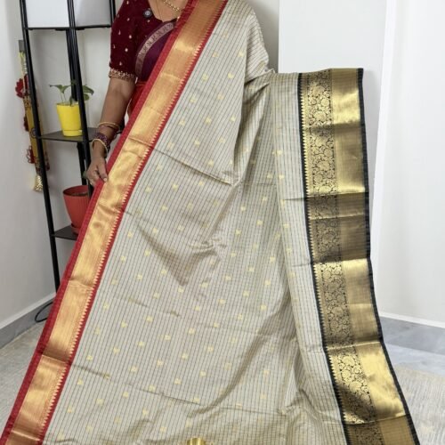 ivory soft silk ganga jamuna saree with checks and zari border