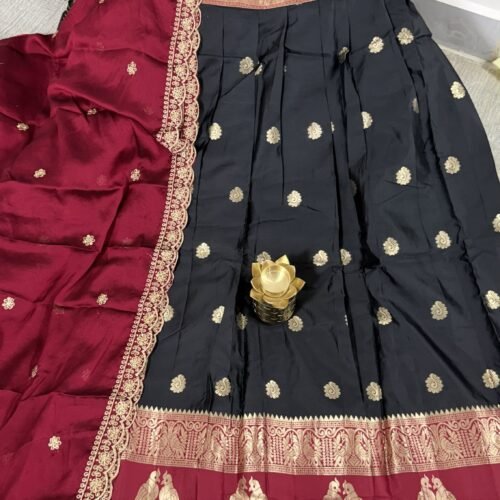 black and maroon vintage lehenga set with gadwal kanchi border and bird motifs