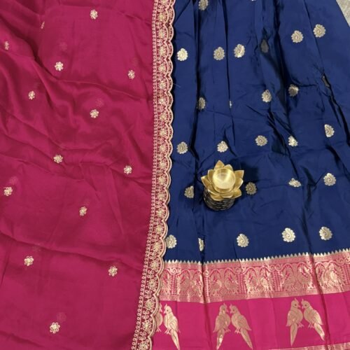 navy blue pink vintage lehenga set with gadwal kanchi border and bird motifs