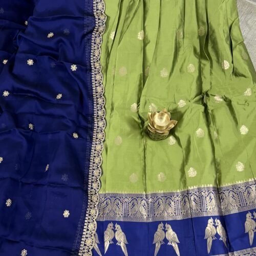 light green navy blue vintage lehenga set with gadwal kanchi border and bird motifs