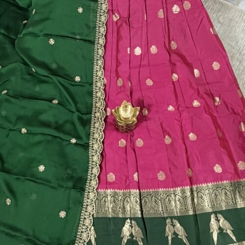pink green vintage lehenga set with gadwal kanchi border and bird motifs