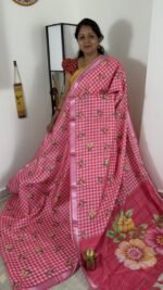 pink mangalagiri semi silk saree with checks and floral digital print