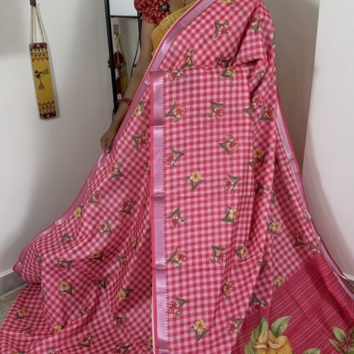 pink mangalagiri semi silk saree with checks and floral digital print