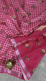 pink mangalagiri semi silk saree with checks and floral digital print