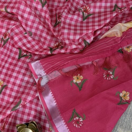 pink mangalagiri semi silk saree with checks and floral digital print