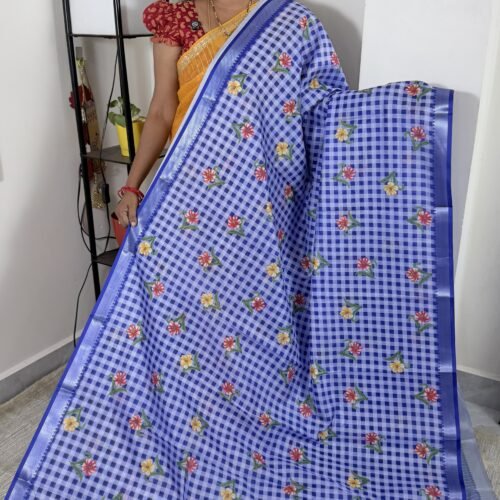 mangalagiri-semi-silk-saree-blue-checks-floral-mch2302
