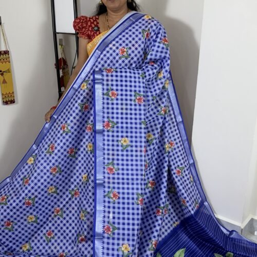 mangalagiri-semi-silk-saree-blue-checks-floral-mch2302
