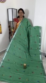 green mangalagiri semi silk saree with checks and floral digital print