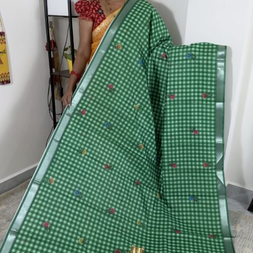 green mangalagiri semi silk saree with checks and floral digital print