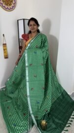 green mangalagiri semi silk saree with checks and floral digital print