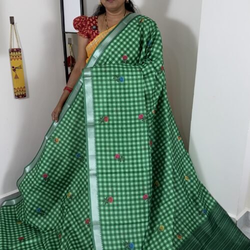 green mangalagiri semi silk saree with checks and floral digital print