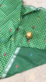 green mangalagiri semi silk saree with checks and floral digital print