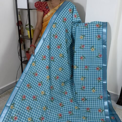 sky blue mangalagiri semi silk saree with floral prints hyderabad