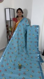 sky blue mangalagiri semi silk saree with checks and floral digital print