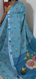 sky blue mangalagiri semi silk saree with checks and floral digital print