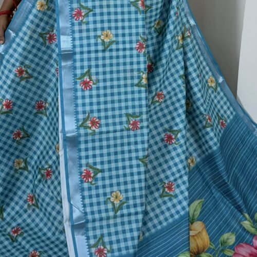 sky blue mangalagiri semi silk saree with checks and floral digital print