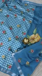 sky blue mangalagiri semi silk saree with checks and floral digital print