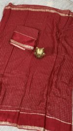 red viscose georgette saree checks pattern satin zari border lightweight daily wear saree