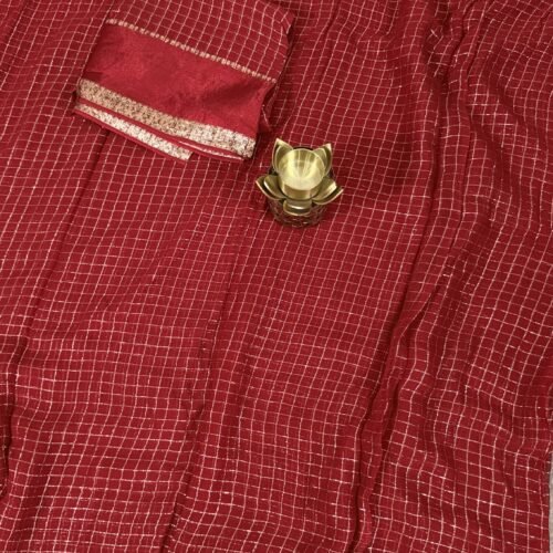 red viscose georgette saree checks pattern satin zari border lightweight daily wear saree