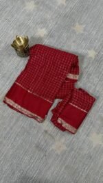 red viscose georgette saree checks pattern satin zari border lightweight daily wear saree