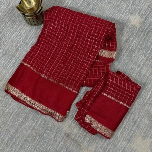 red viscose georgette saree checks pattern satin zari border lightweight daily wear saree