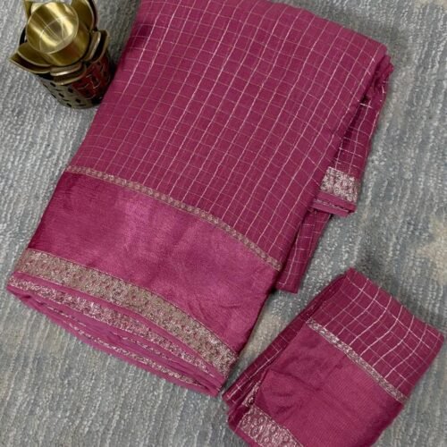 pink viscose georgette checks saree with zari border Hyderabad