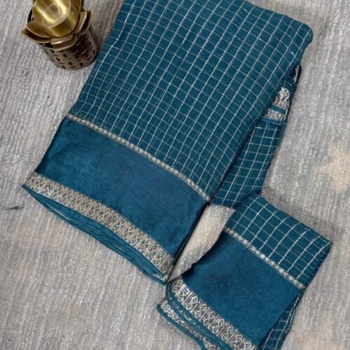teal blue viscose georgette checks saree with zari border Hyderabad