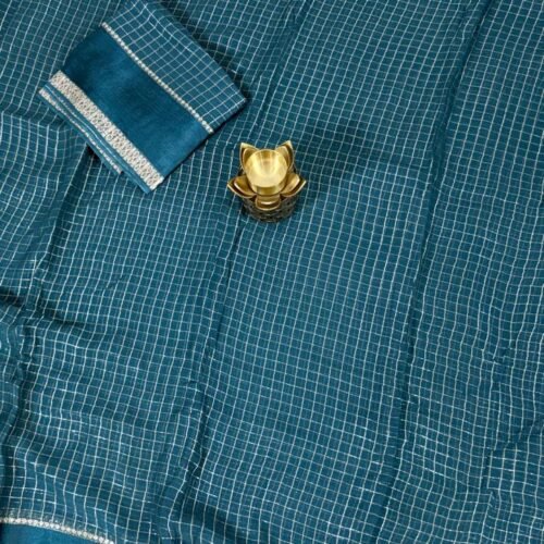 teal blue viscose georgette checks saree with zari border Hyderabad